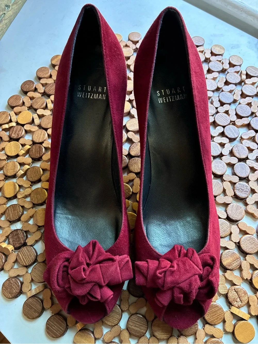 Stuart Weitzman Women's Burgundy Suede Peep-Toe Pumps with Rosette